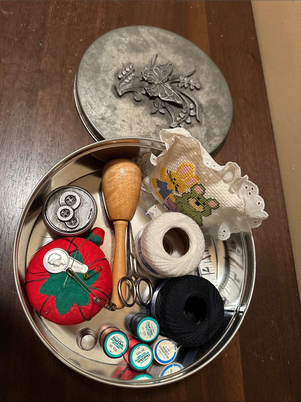 Vintage pewter Tin Sewing Kit with Red Pin Cushion and Assorted Threads